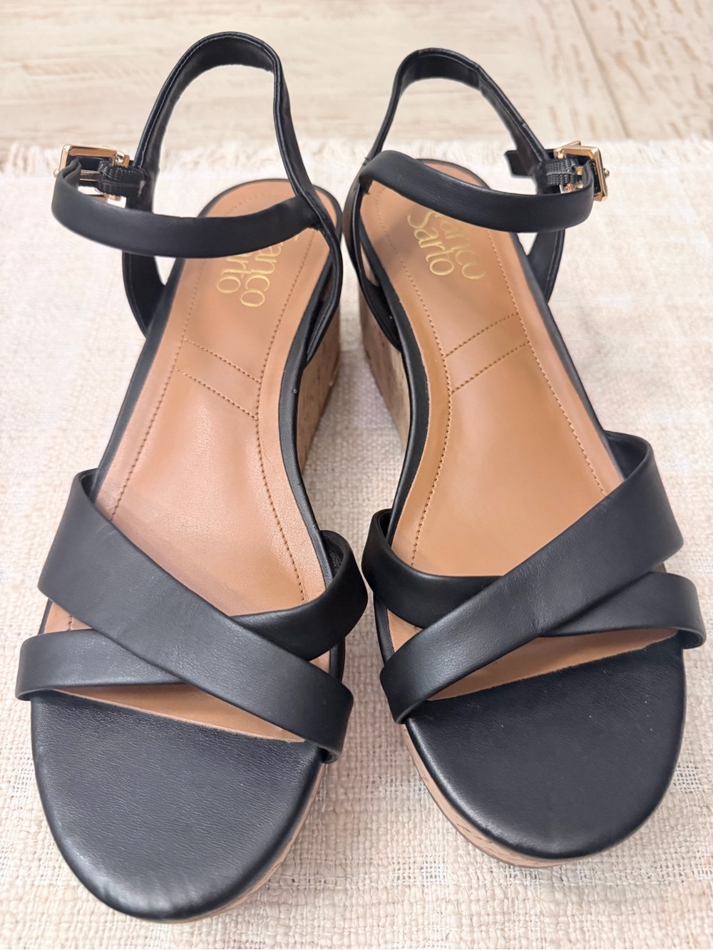 Franco Sarto Black Strappy Wedge Sandals with Ankle Buckle
